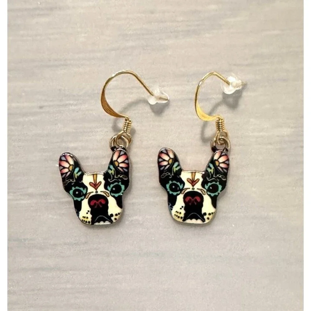Indio Jewelry Enamel French Bull Dog Stainless Steel Gold Earrings #2309